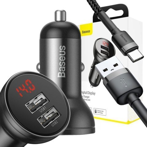 Autonabíječka Baseus 2x USB LED 4,8A 24W Šedý USB-C kabel