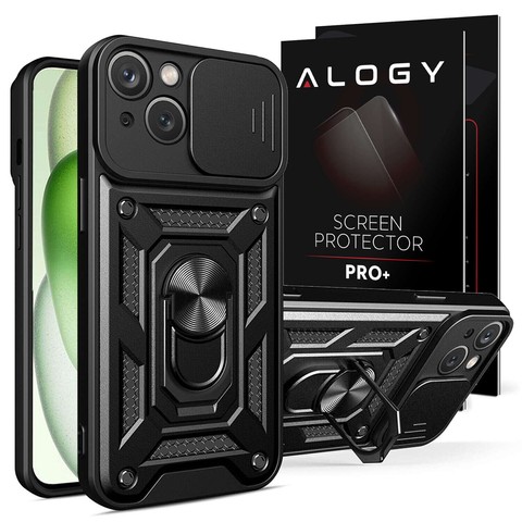 Obrněné pouzdro pro iPhone 15 Plus Camshield Case Ring Alogy Stand s posuvným krytem fotoaparátu černé sklo