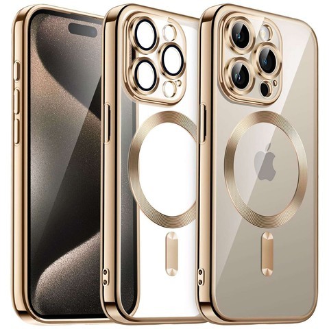 Pouzdro MagSafe pro iPhone 15 Pro Max Glamour Luxury Slim Ring Cover Alogy Gold Clear Glass