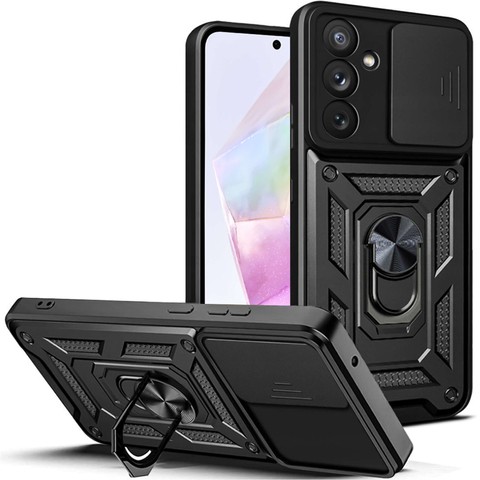 Pouzdro pro Samsung Galaxy A35 5G Armored Slide Case Ring Pouzdro Ochrana fotoaparátu Camshield Alogy Black Glass