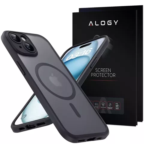 Skleněné pouzdro pro Apple iPhone 15 Alogy MagSafe Hybrid Matte Case Matný kryt s ochranou objektivu černý