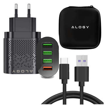 Alogy 4x USB Quick Charge 3.0 2.4A Rychlá nástěnná nabíječka Černá 5A Kabel 1m Pouzdro