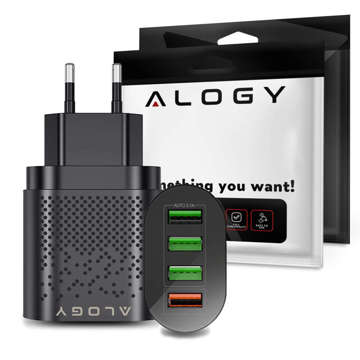 Alogy 4x USB Quick Charge 3.0 2.4A Rychlá nástěnná nabíječka Černá 5A Kabel 1m Pouzdro