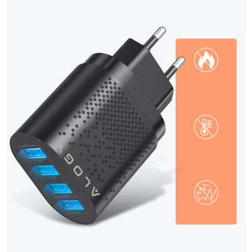 Alogy 4x USB Quick Charge 3.0 2.4A Rychlá nástěnná nabíječka Černá 5A Kabel 1m Pouzdro