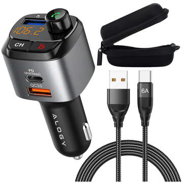 Alogy FM vysílač do auta USB nabíječka QC 3.0 USB-C PD Bluetooth MP3 přehrávač Kabel 6A 1m Pouzdro