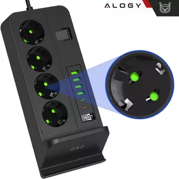 Alogy Plug Extender rozbočovač zásuvek rozbočovač adaptér prodlužovací kabel s indukční nabíječkou Qi 4x EU zástrčka 4x USB 2x USB-C Černá