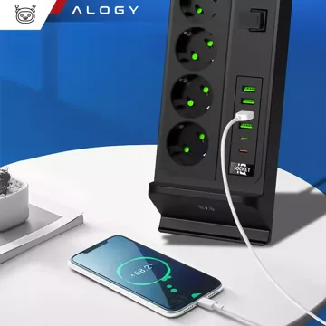 Alogy Plug Extender rozbočovač zásuvek rozbočovač adaptér prodlužovací kabel s indukční nabíječkou Qi 4x EU zástrčka 4x USB 2x USB-C Černá