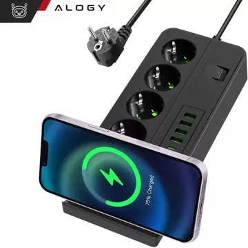 Alogy Plug Extender rozbočovač zásuvek rozbočovač adaptér prodlužovací kabel s indukční nabíječkou Qi 4x EU zástrčka 4x USB 2x USB-C Černá