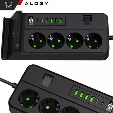 Alogy Plug Extender rozbočovač zásuvek rozbočovač adaptér prodlužovací kabel s indukční nabíječkou Qi 4x EU zástrčka 4x USB 2x USB-C Černá