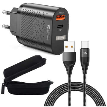 Alogy Rychlá USB nabíječka USB-C Typ C QC 3.0 PD 20W černý kabel 6A 1m Pouzdro