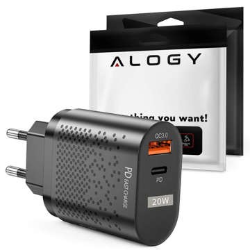 Alogy nástěnná nabíječka Rychlý USB USB-C Typ C QC 3.0 PD 20W černý kabel USB-A na USB-C