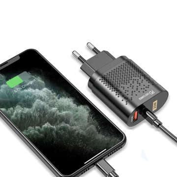 Alogy nástěnná nabíječka Rychlý USB USB-C Typ C QC 3.0 PD 20W černý kabel USB-A na USB-C