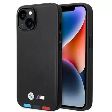 BMW BMHMP14M22PTDK Pouzdro na telefon pro Apple iPhone 14 Plus 6,7" černo/černé kožené razítko Tricolor Magsafe