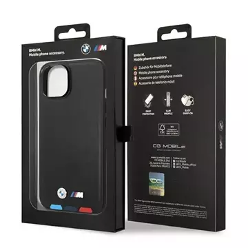 BMW BMHMP14M22PTDK Pouzdro na telefon pro Apple iPhone 14 Plus 6,7" černo/černé kožené razítko Tricolor Magsafe