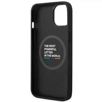 BMW BMHMP14S22PTDK Pouzdro na telefon pro Apple iPhone 14 6,1" černo/černé kožené razítko Tricolor Magsafe