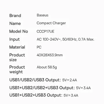 Baseus Compact 3x USB Typ A 17W nástěnná nabíječka černá