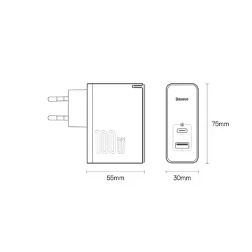 Baseus GaN5 Pro rychlá univerzální nabíječka GaN USB typu C / USB 100W PD3.0, QC4.0, AFC bílá (CCGP090202)