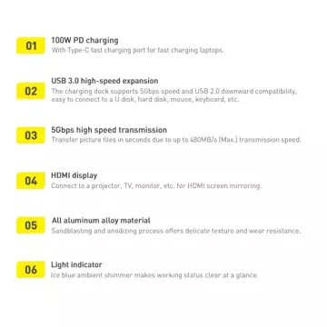 Baseus Metal Gleam Series multifunkční USB HUB 5v1 USB Type C PD 100W HDMI šedý (WKWG020013)