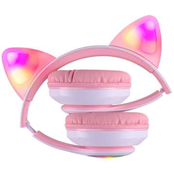 Bezdrátová Bluetooth sluchátka Defender s Micro SD LED RGB kočičíma ušima růžové a bílé
