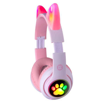 Bezdrátová Bluetooth sluchátka Defender s Micro SD LED RGB kočičíma ušima růžové a bílé