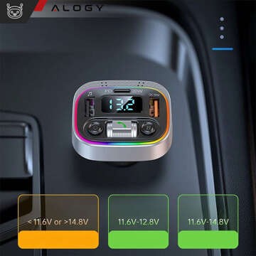 Bluetooth FM MP3 vysílač do auta Rychlá nabíječka 2 x USB QC 3.0 USB-C C PD 20W LED RGB Alogy Car stříbrná