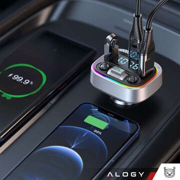 Bluetooth FM MP3 vysílač do auta Rychlá nabíječka 2 x USB QC 3.0 USB-C C PD 20W LED RGB Alogy Car stříbrná