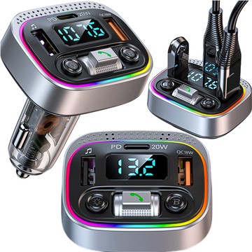 Bluetooth FM MP3 vysílač do auta Rychlá nabíječka 2 x USB QC 3.0 USB-C C PD 20W LED RGB Alogy Car stříbrná