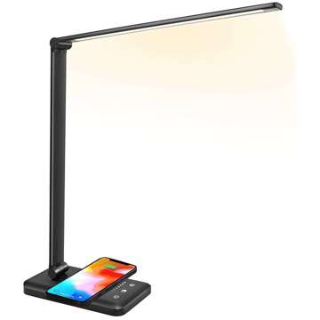 Černá LED stolní lampa s indukční nabíječkou pro telefon QI