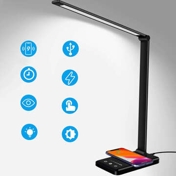 Černá LED stolní lampa s indukční nabíječkou pro telefon QI