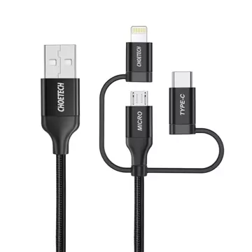 Choetech 3v1 USB kabel MFI Lightning / USB Type C / micro USB (nabíjení 3A / přenos dat 480 Mbps) 1,2 m černý (IP0030-BK)