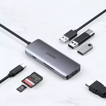 Choetech 7v1 multifunkční USB Type C HUB - 3x USB 3.2 Gen 1 / čtečka karet SD a TF / HDMI 4K 30Hz / USB Type C šedá (HUB-M19 šedá)