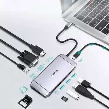 Choetech 9v1 multifunkční USB Type C HUB - 3x USB 3.2 Gen 1 / čtečka SD a TF karet / HDMI 4K 30Hz / VGA Full HD 60Hz / USB Type C / RJ45 šedá (HUB-M15 šedá)