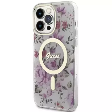 Držák telefonu Guess GUHMP14LHCFWST pro Apple iPhone 14 Pro 6,1" průhledný pevný obal Flower MagSafe