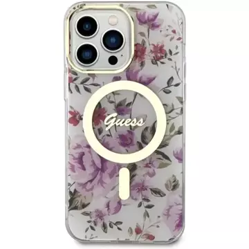 Držák telefonu Guess GUHMP14LHCFWST pro Apple iPhone 14 Pro 6,1" průhledný pevný obal Flower MagSafe