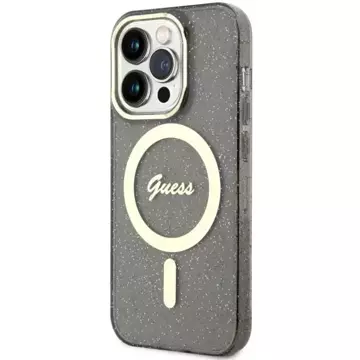 Držák telefonu Guess GUHMP14LHCMCGK pro Apple iPhone 14 Pro 6,1" černý/černý pevný obal Glitter Gold MagSafe