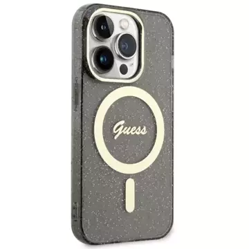 Držák telefonu Guess GUHMP14LHCMCGK pro Apple iPhone 14 Pro 6,1" černý/černý pevný obal Glitter Gold MagSafe