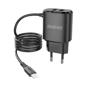 Dudao 2x USB nástěnná nabíječka s vestavěným 12W Lightning kabelem černá (A2ProL černá)