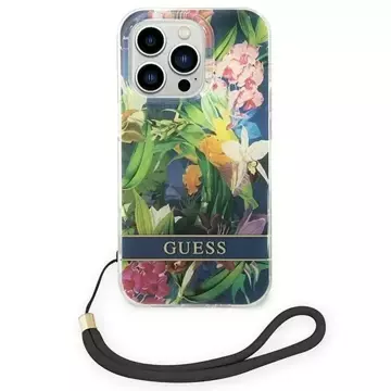 Etui Guess GUOHCP14LHFLSB do Apple iPhone 14 Pro 6,1" černé/modré pevné pouzdro Flower Strap