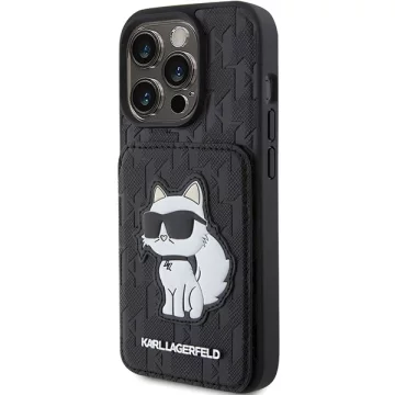 Etui Karl Lagerfeld KLHCP15LSAKCNSCK pro iPhone 15 Pro 6,1" černé/černé pevné pouzdro Saffiano sloty pro karty a stojan Monogram Choupette