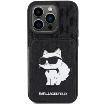 Etui Karl Lagerfeld KLHCP15LSAKCNSCK pro iPhone 15 Pro 6,1" černé/černé pevné pouzdro Saffiano sloty pro karty a stojan Monogram Choupette