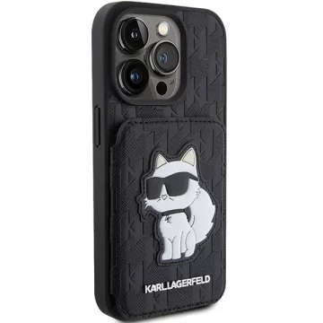 Etui Karl Lagerfeld KLHCP15LSAKCNSCK pro iPhone 15 Pro 6,1" černé/černé pevné pouzdro Saffiano sloty pro karty a stojan Monogram Choupette