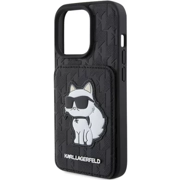 Etui Karl Lagerfeld KLHCP15LSAKCNSCK pro iPhone 15 Pro 6,1" černé/černé pevné pouzdro Saffiano sloty pro karty a stojan Monogram Choupette