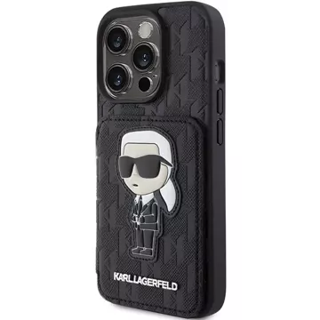 Etui Karl Lagerfeld KLHCP15LSAKKNSCK pro iPhone 15 Pro 6,1" černé/černé pevné pouzdro Saffiano sloty pro karty a stojánek Monogram Ikonik Patch