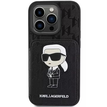 Etui Karl Lagerfeld KLHCP15LSAKKNSCK pro iPhone 15 Pro 6,1" černé/černé pevné pouzdro Saffiano sloty pro karty a stojánek Monogram Ikonik Patch