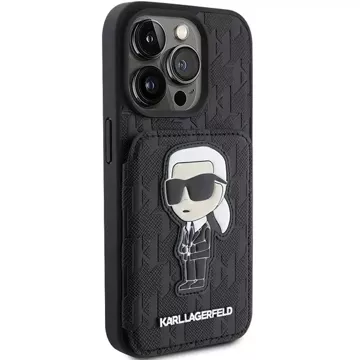 Etui Karl Lagerfeld KLHCP15LSAKKNSCK pro iPhone 15 Pro 6,1" černé/černé pevné pouzdro Saffiano sloty pro karty a stojánek Monogram Ikonik Patch