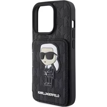 Etui Karl Lagerfeld KLHCP15LSAKKNSCK pro iPhone 15 Pro 6,1" černé/černé pevné pouzdro Saffiano sloty pro karty a stojánek Monogram Ikonik Patch