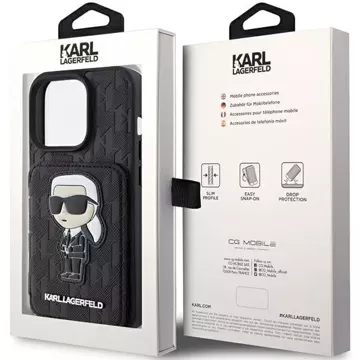 Etui Karl Lagerfeld KLHCP15LSAKKNSCK pro iPhone 15 Pro 6,1" černé/černé pevné pouzdro Saffiano sloty pro karty a stojánek Monogram Ikonik Patch