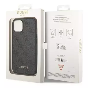 Guess Do iPhone 14 6,1" pevné pouzdro Szary/Grey 4G kovové zlaté logo