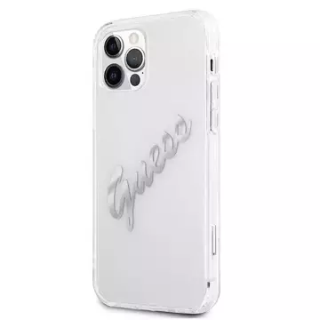 Guess GUHCP12LKTRSVSI iPhone 12 Pro Max 6,7" průhledný pevný obal Vintage Script Silver