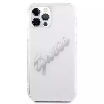 Guess GUHCP12LKTRSVSI iPhone 12 Pro Max 6,7" průhledný pevný obal Vintage Script Silver